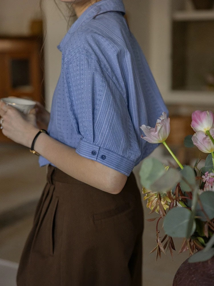 Blue Jacquard Striped Loose Flanged Striped Short-Sleeve Shirt