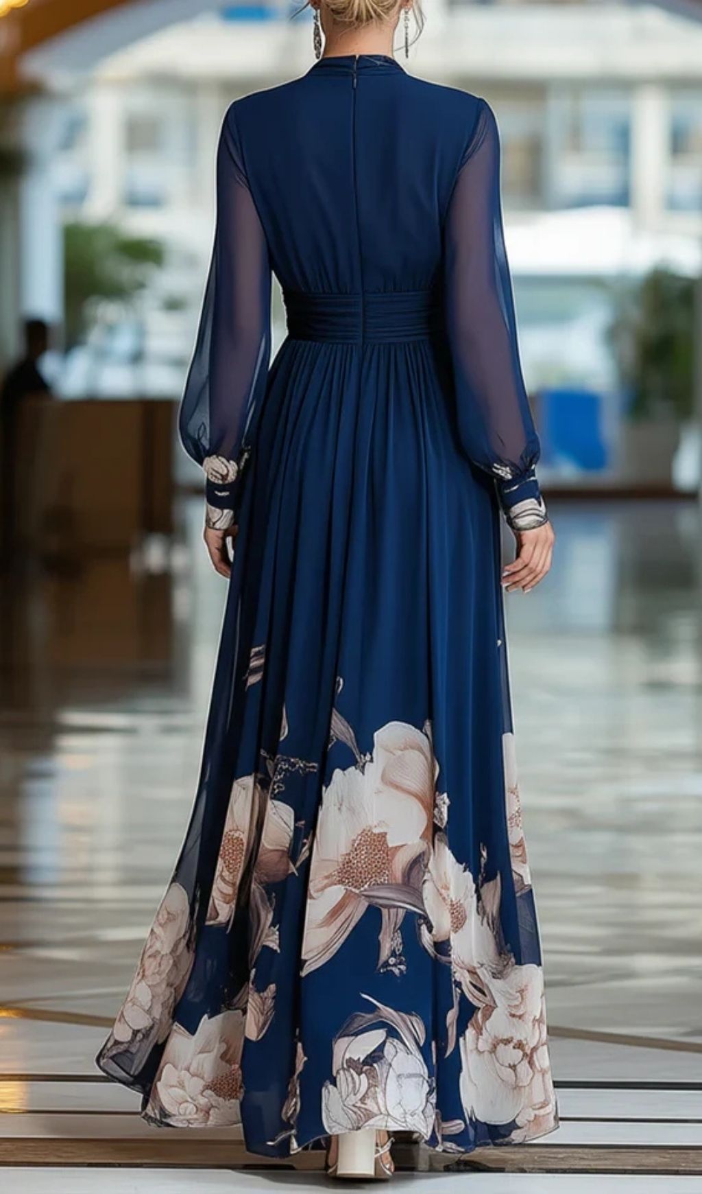 Fashionslee Women Navy Blue V-neck Tulle Sleeve Pleated Floral Maxi Dress