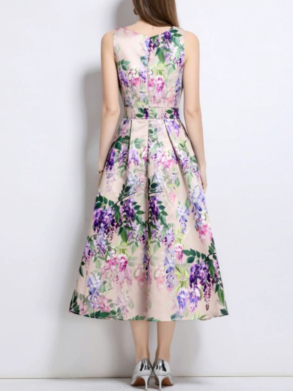 Maicy Purple Sleeveless Floral Midi Dress - OWNCI