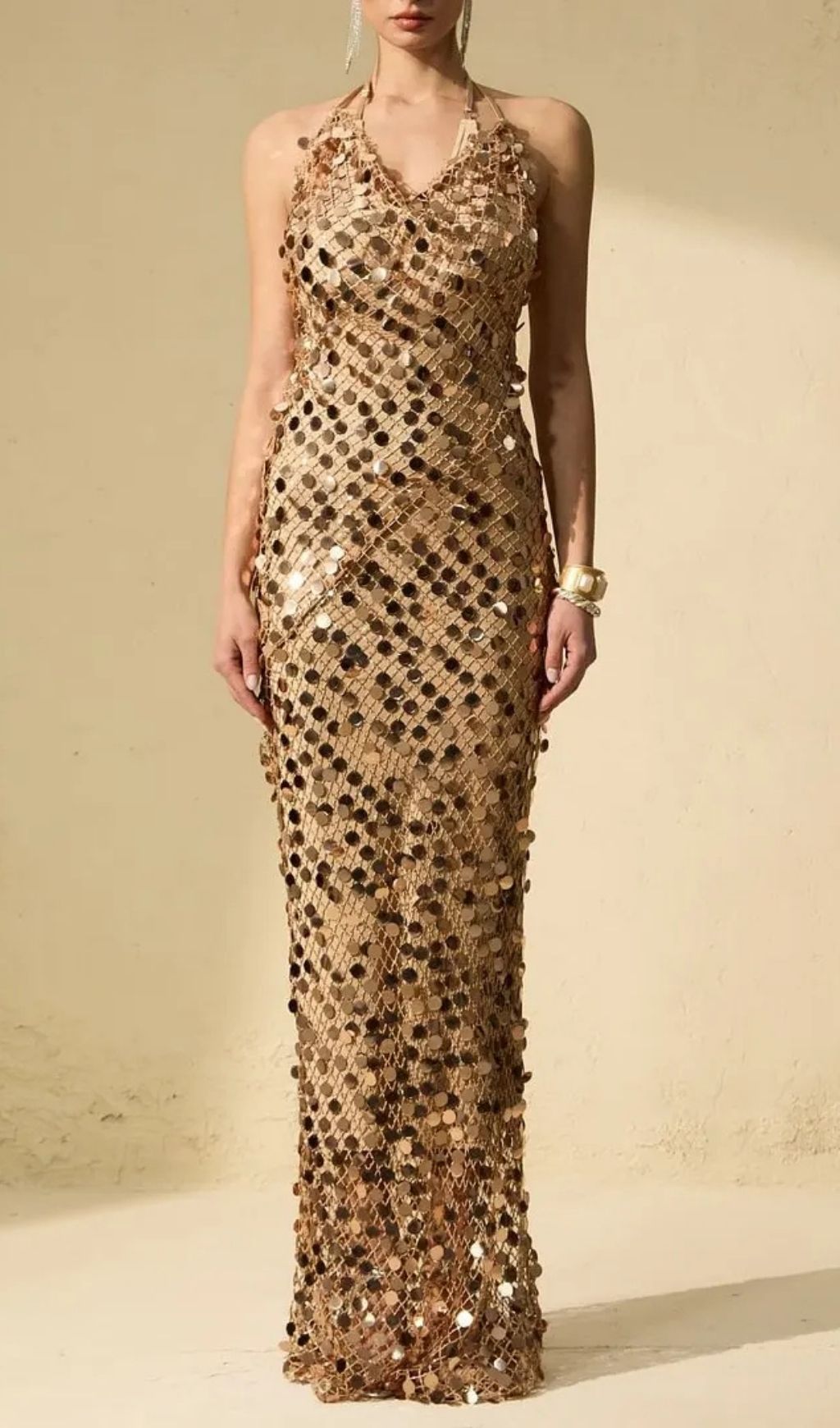 Jennifer Gold Sequin Fishnet Backless Maxi Dress
