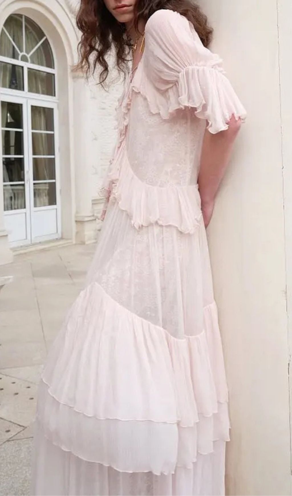 Kristin Lace Three-Quarter Sleeve Ruffle Maxi Dress - Pink