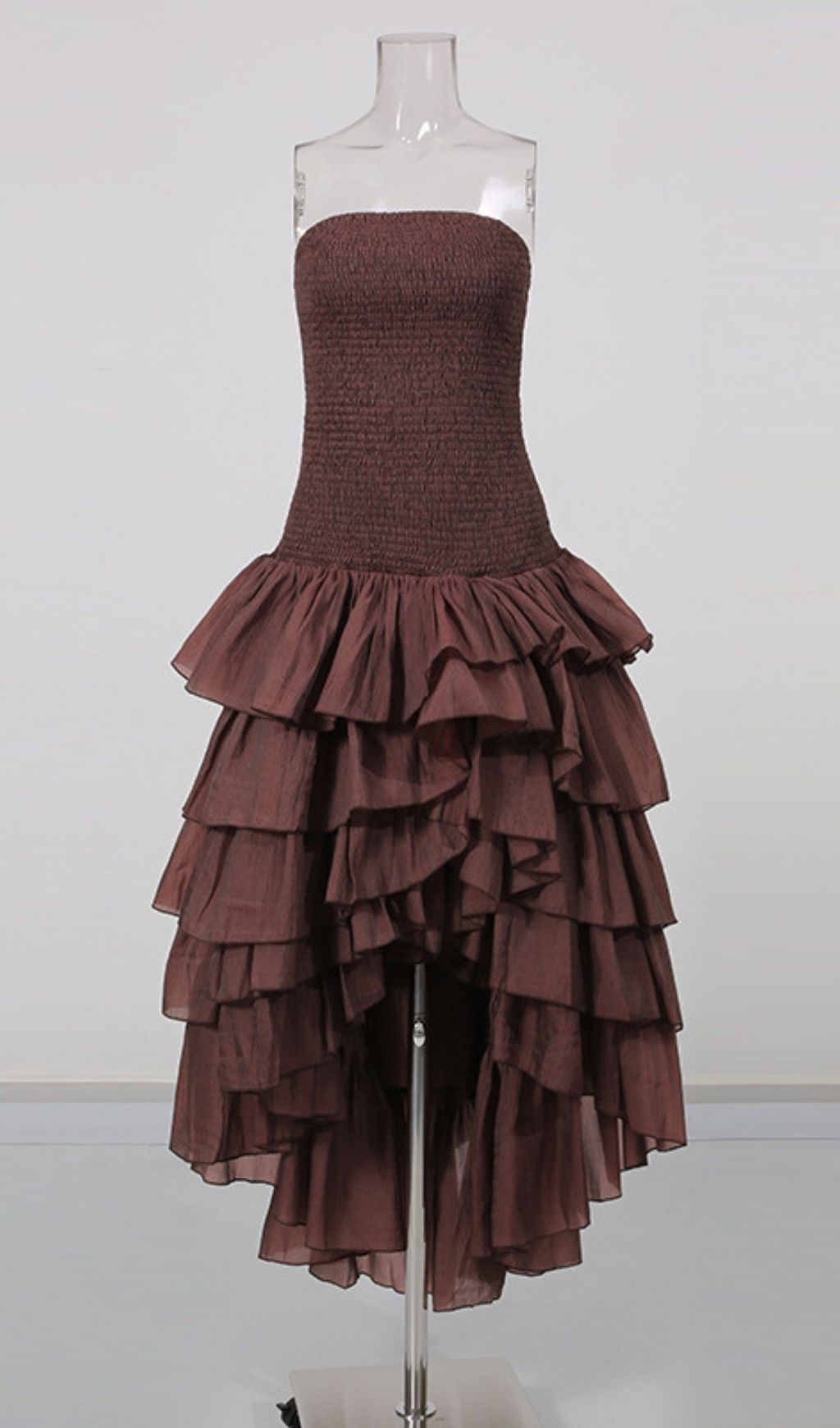 Fashionslee Women Lesia Brown Strapless Ruffle Layered Midi Dress