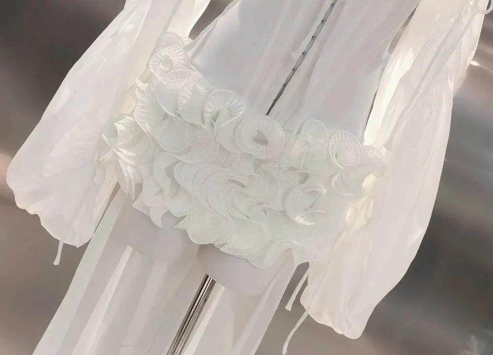 Off Shoulder Sheer Sleeve Corset Ruffle High Low Mini Dress