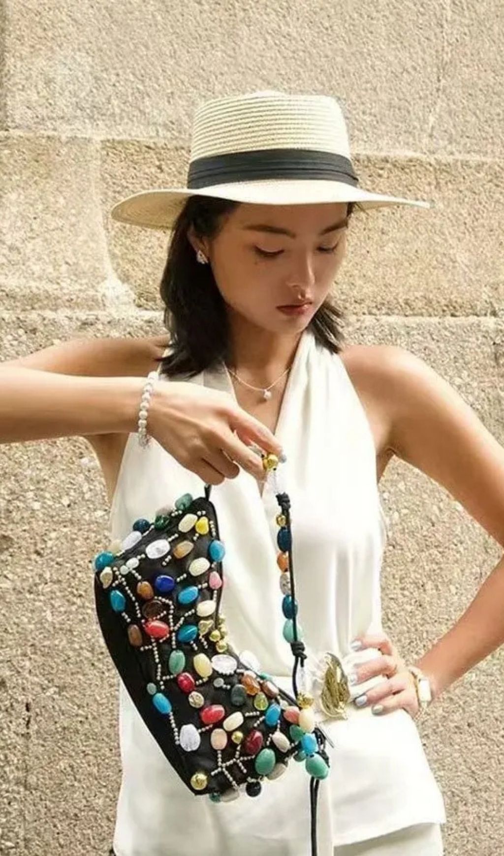 Beaded Crescent Shoulder Bag With Colorful Stone Embellishments