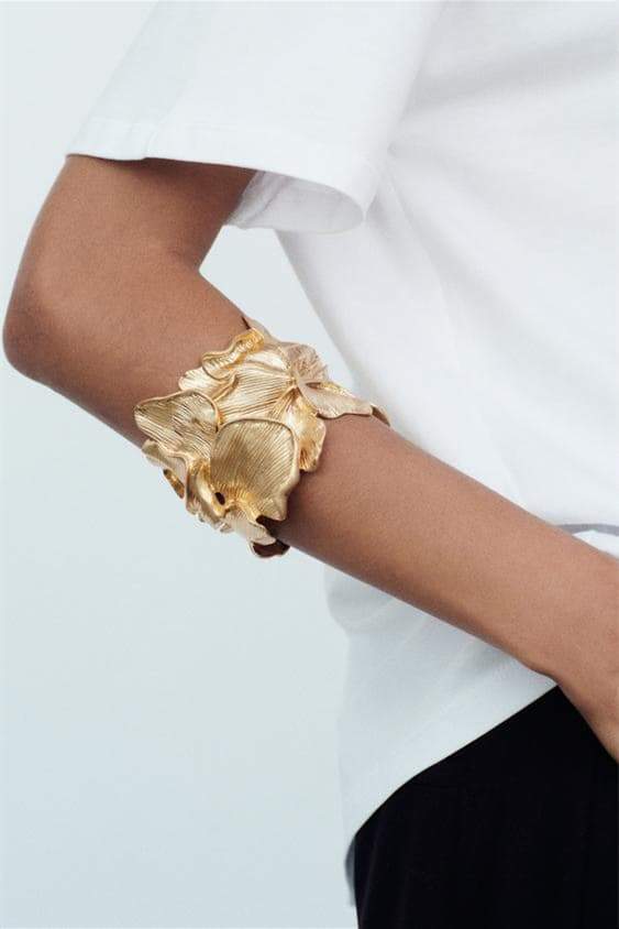 3D Textured Floral Wide Open Cuff Gold Bangle