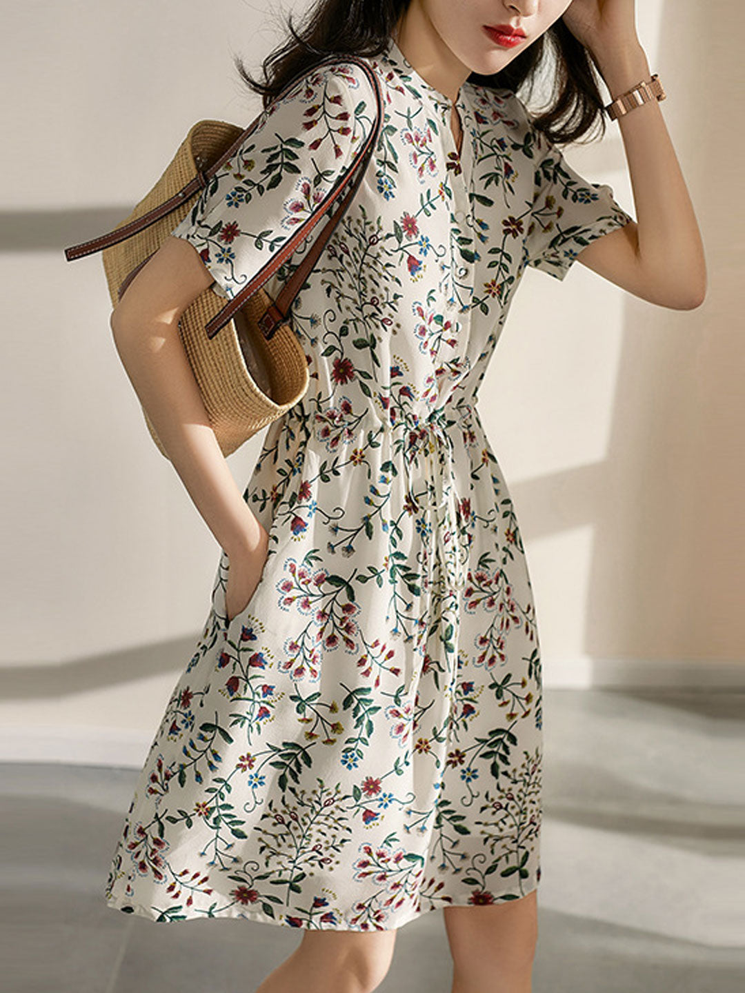 74ba166cf91103ba7dfd910dbdda0563 Sabrina V-Neck Printed Drawstring Chiffon Dress