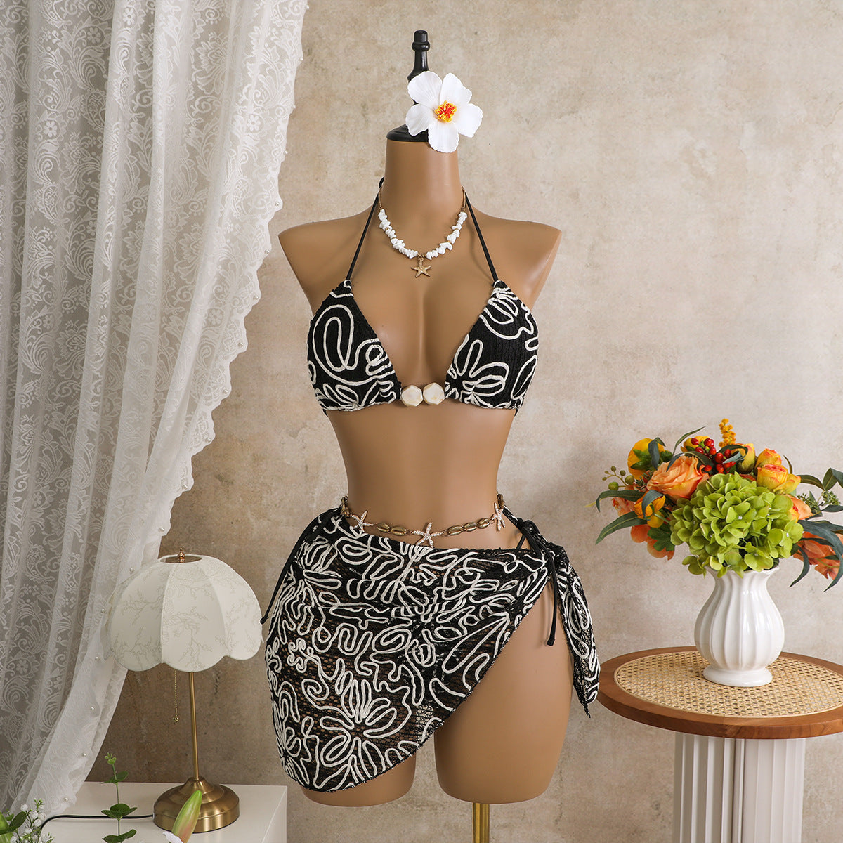 Crochet Three-Piece Beach Swimsuit