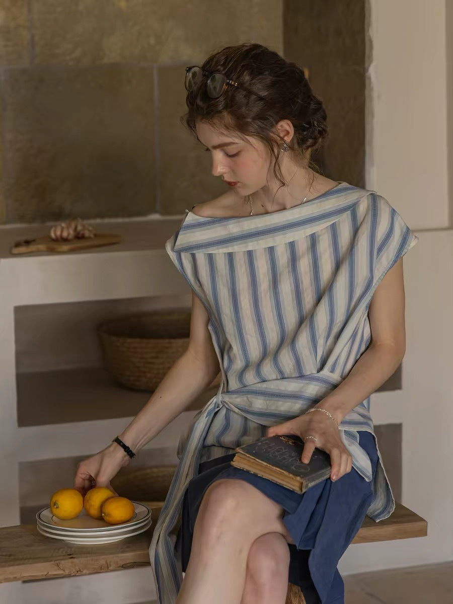 Cross-Shoulder Off-Shoulder Off-Line Cotton Woven Jacquard Striped Shirt