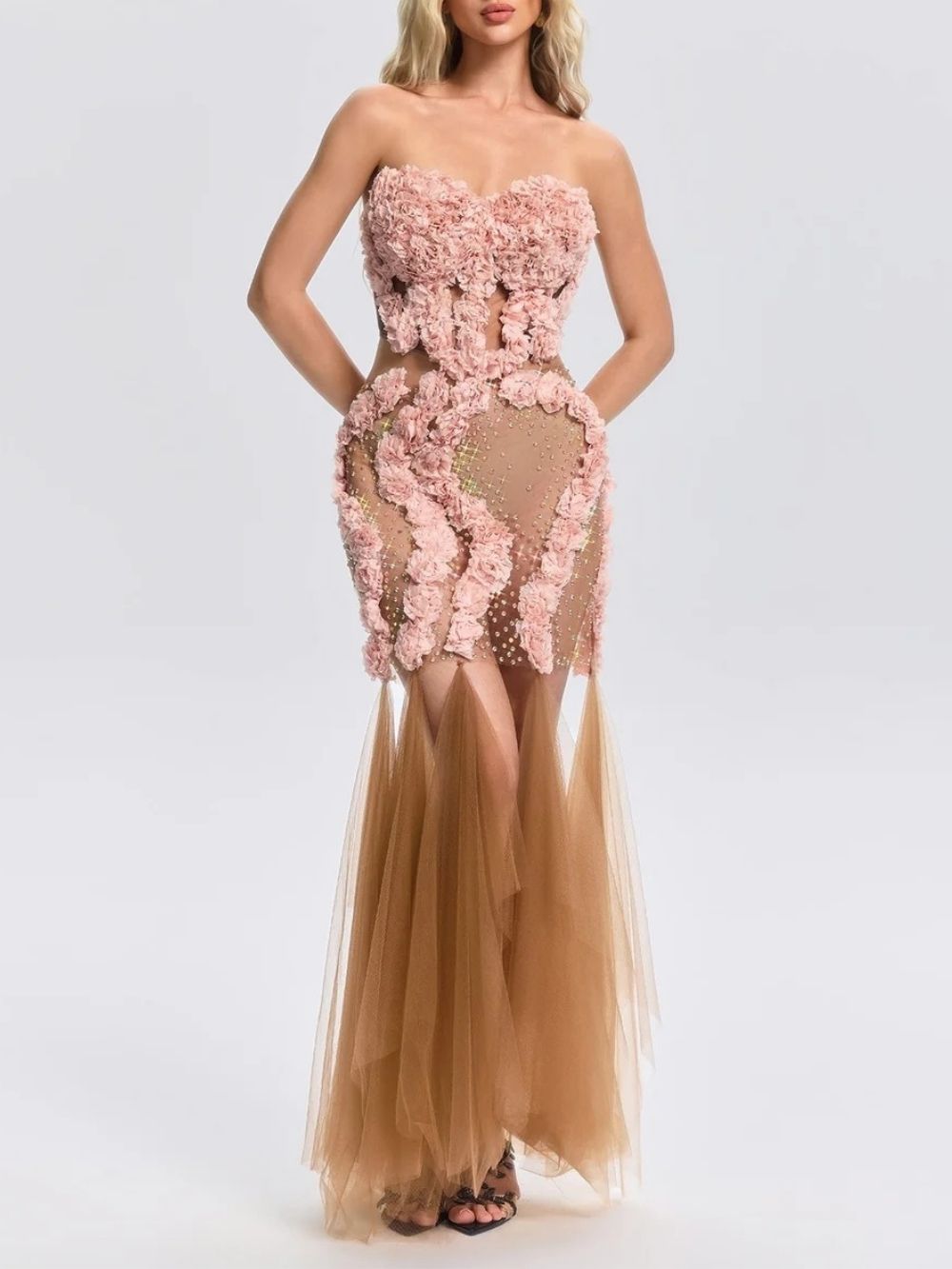 Feryal Strapless Flower Mesh Maxi Dress