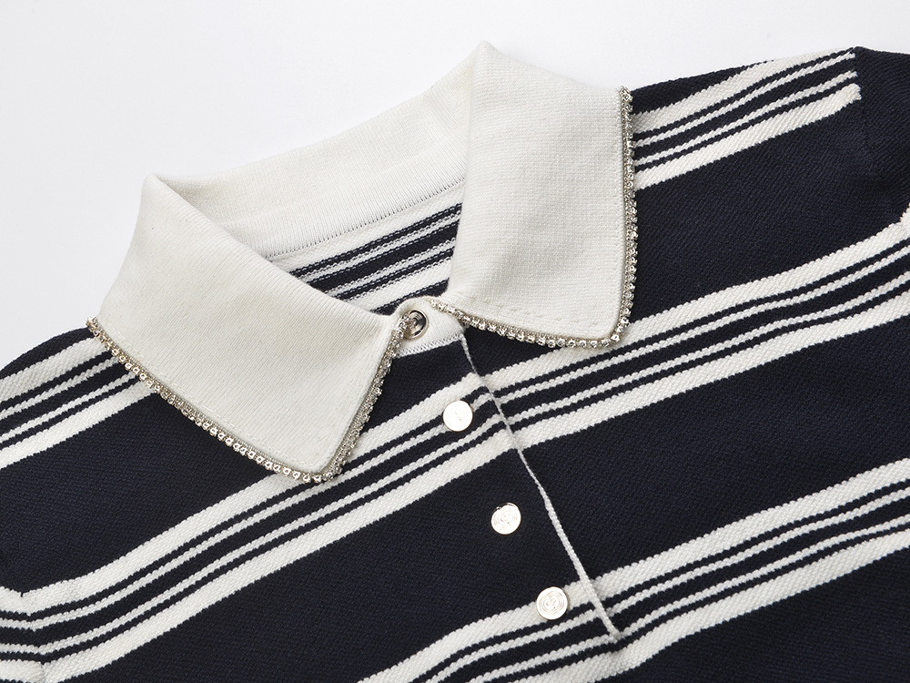 Fashionslee Women Striped Rhinestone Collar Polo