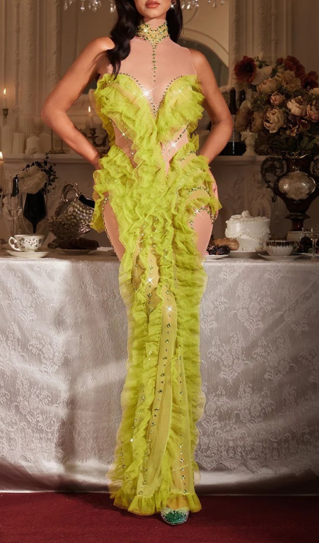 Jaela Yellow Diamante Mesh Maxi Dress