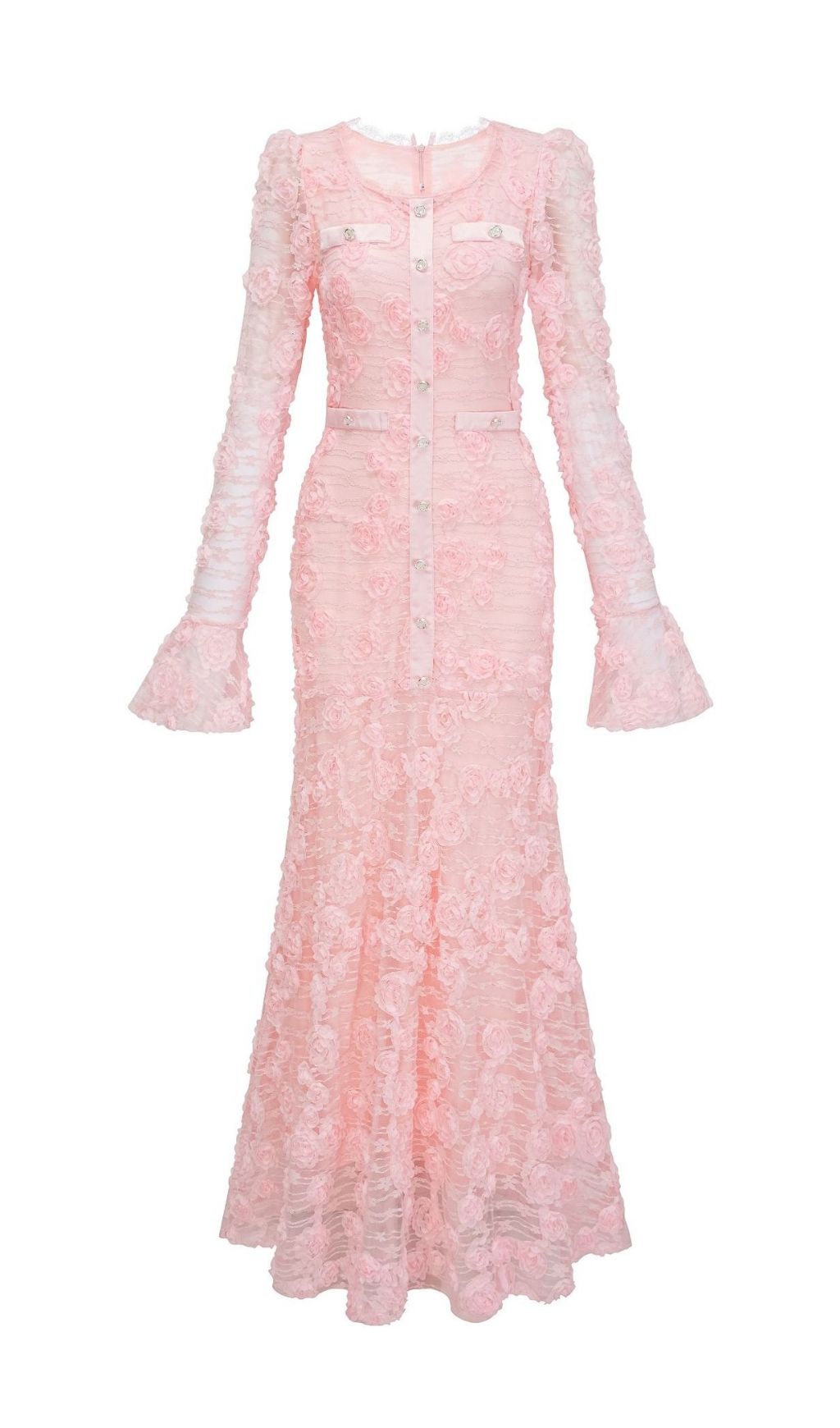 Tracy Pink 3D-Floral Embroidered Lace Maxi Dress