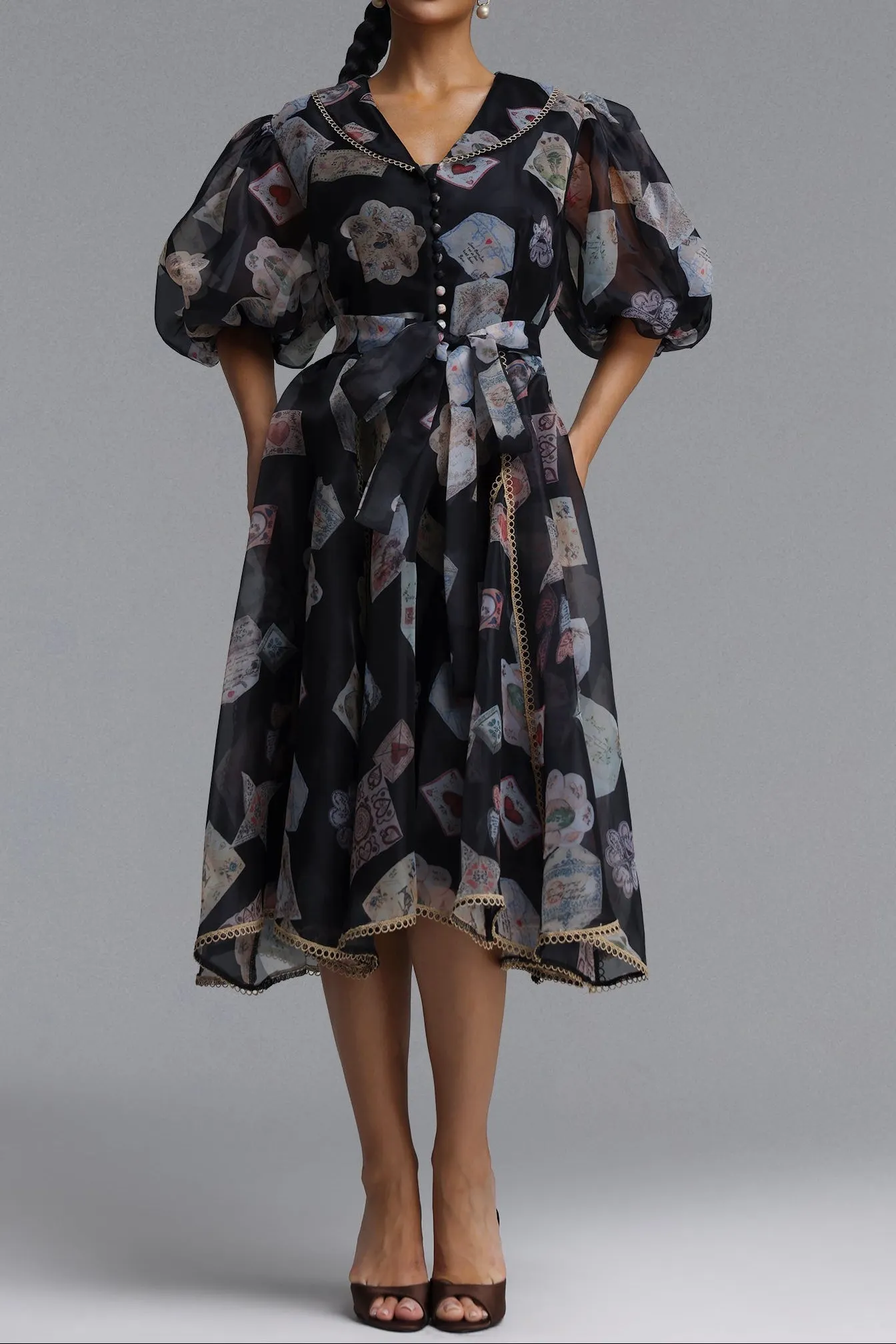 V-Neck Balloon Sleeve Playing Card Print Belted Midi Dress