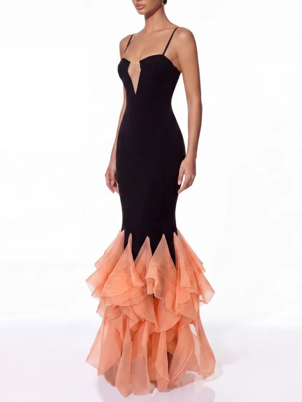 Hyrven Spaghetti Ruffle Bandage Maxi Dress