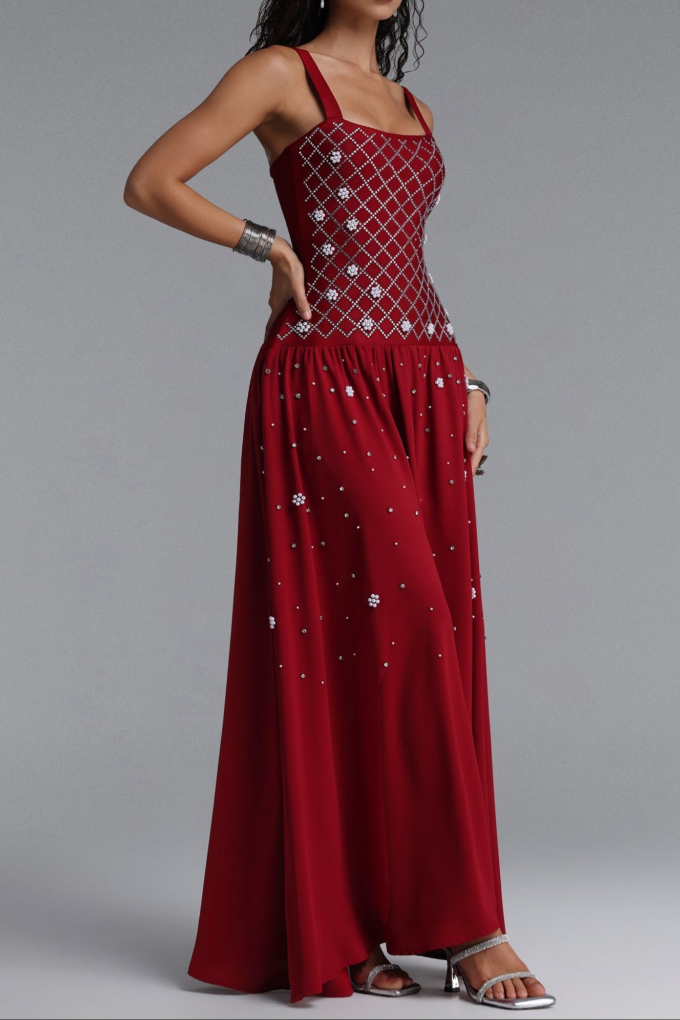 756569fd62525a6ad41c26bc3a36e7cf Square Strap Grid Rhinestone Pearl Flowy Maxi Dress
