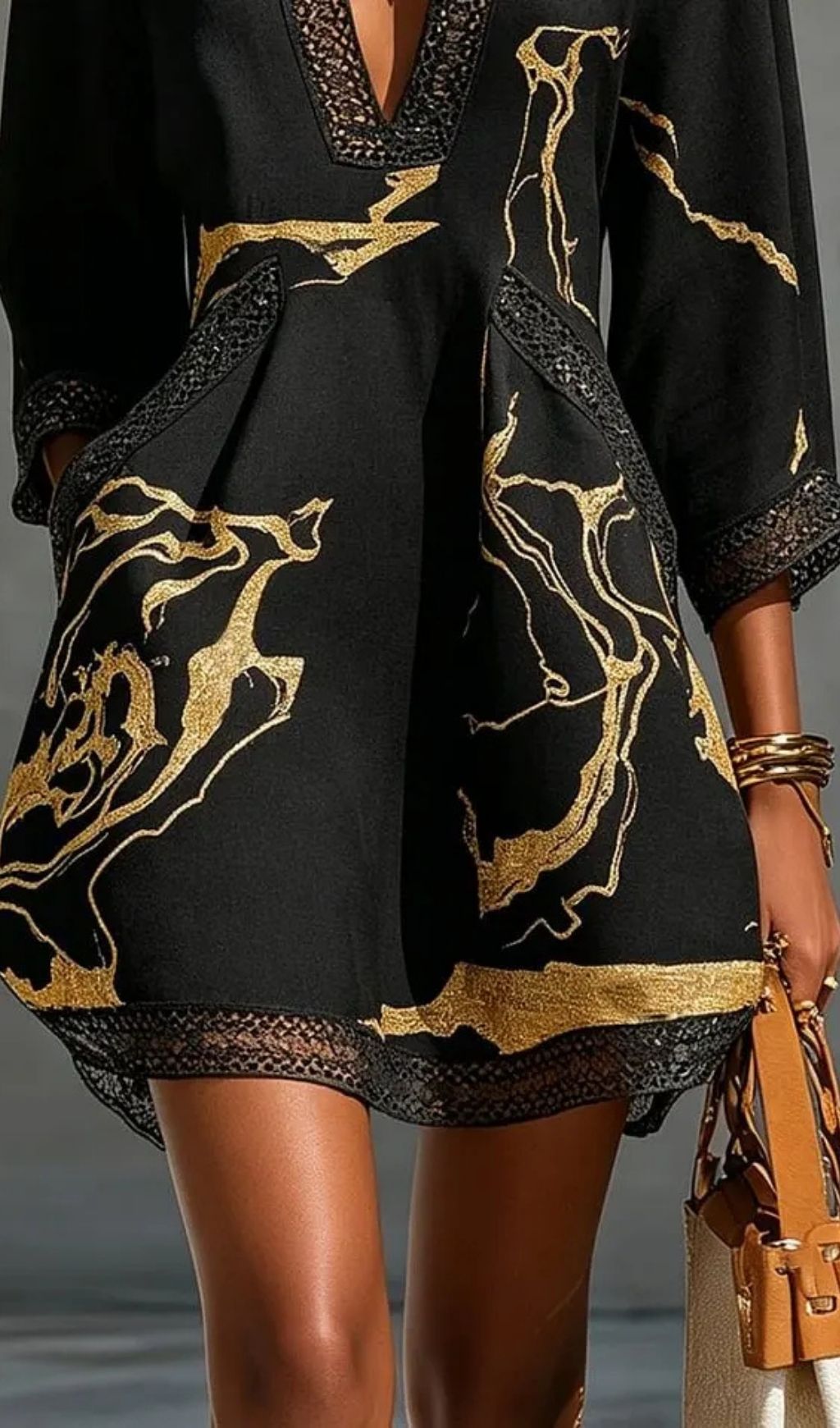 757a161b61259dbfad64cd05e6b85812 Black Gold Printed V-neck Crochet Lace Mini Dress