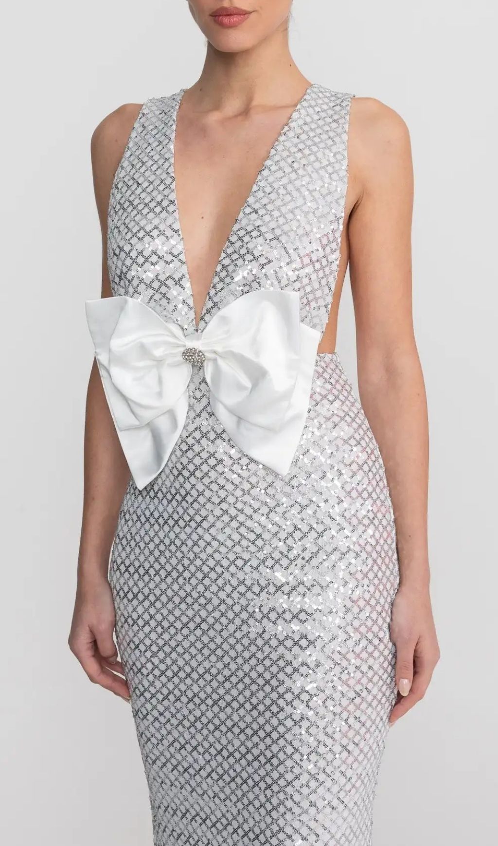 7586b5d80047bc8cef9e224ec2276225 Sequin Maxi Dress With Satin Bow Detail - Light Grey