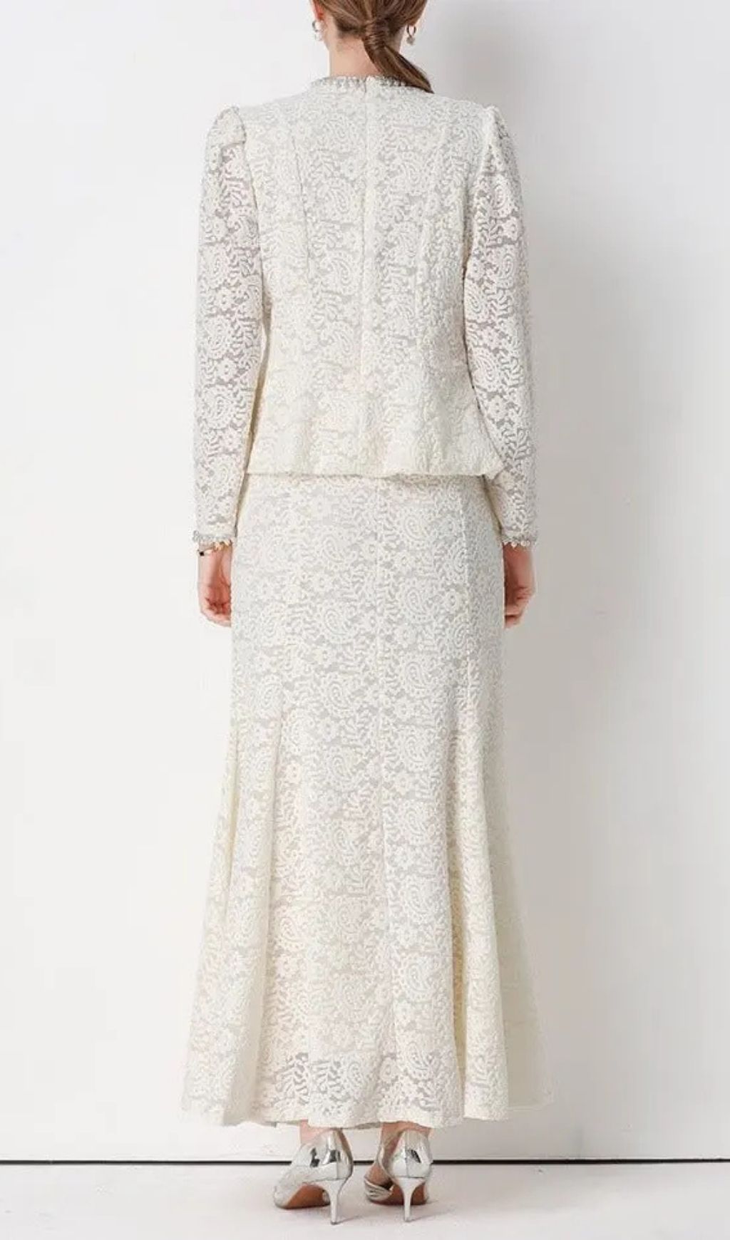 Georgia Beaded V-Neck Lace Top & Fishtail Skirt Set – Whtie - OWNCI
