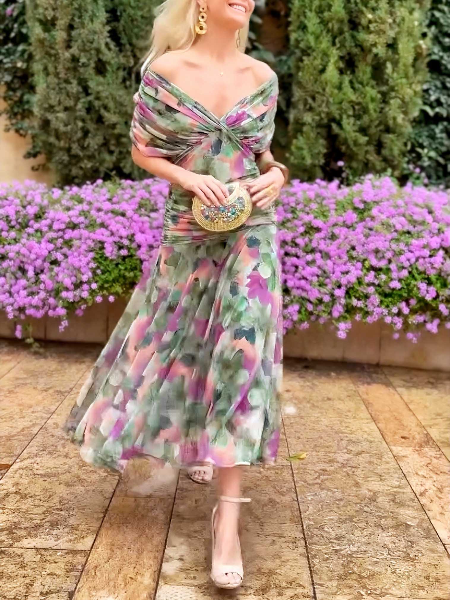 Elegant V-neck Fantasy Painted Floral Print Party Maxi Dress - OWNCI