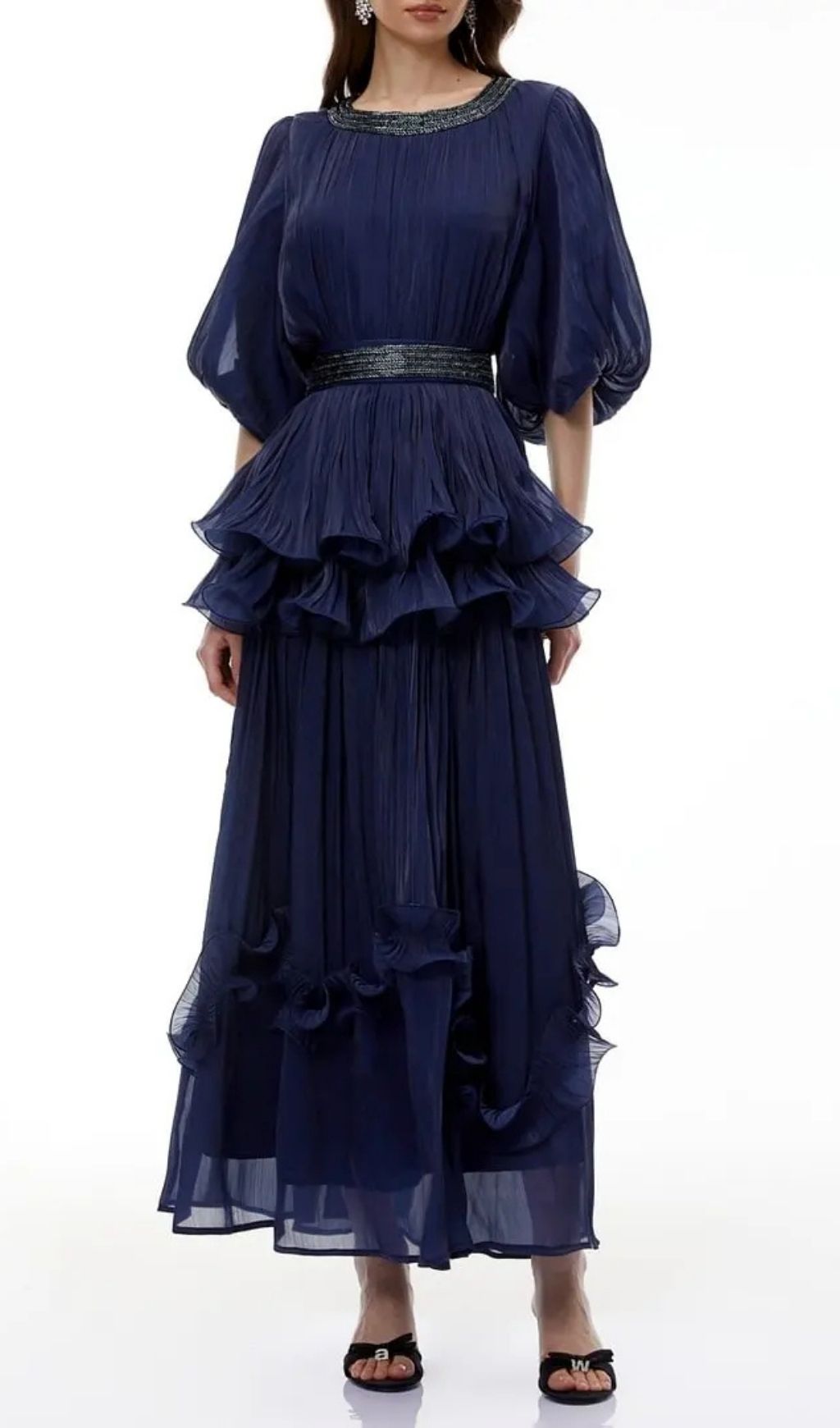 Lorraine Navy Blue Embellished Pleated Maxi Dress