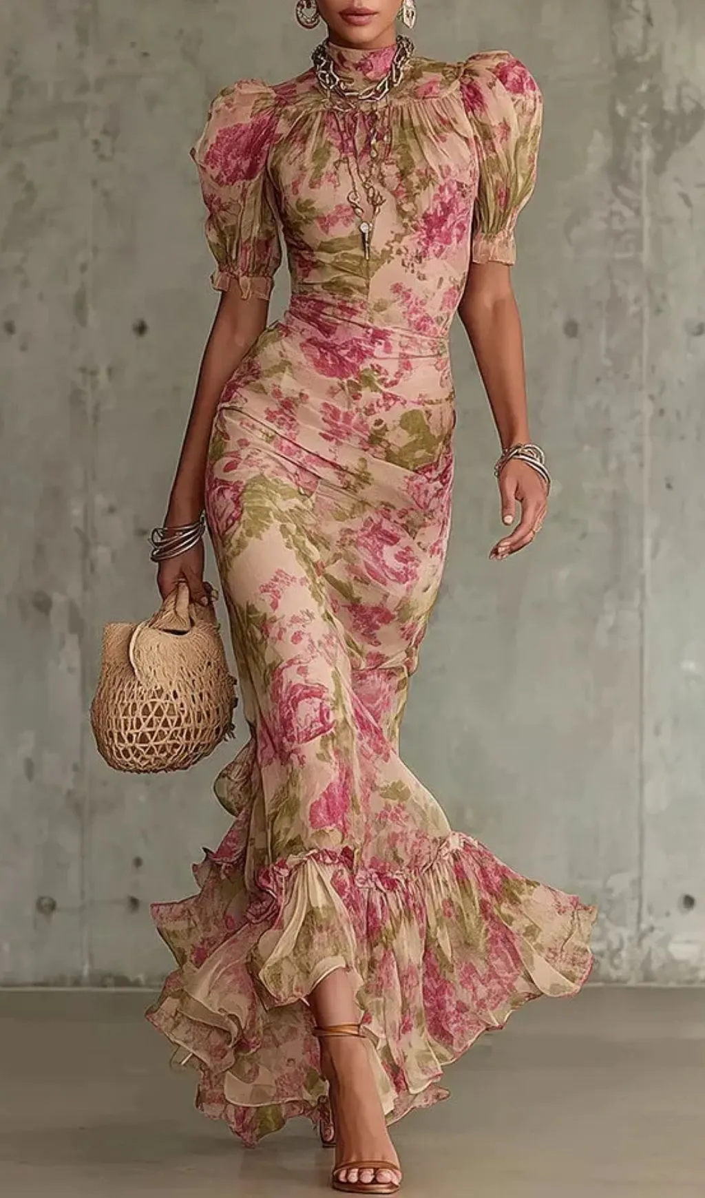 Fashionslee Women Vintage Rose Print Maxi Dress With Puff Sleeves