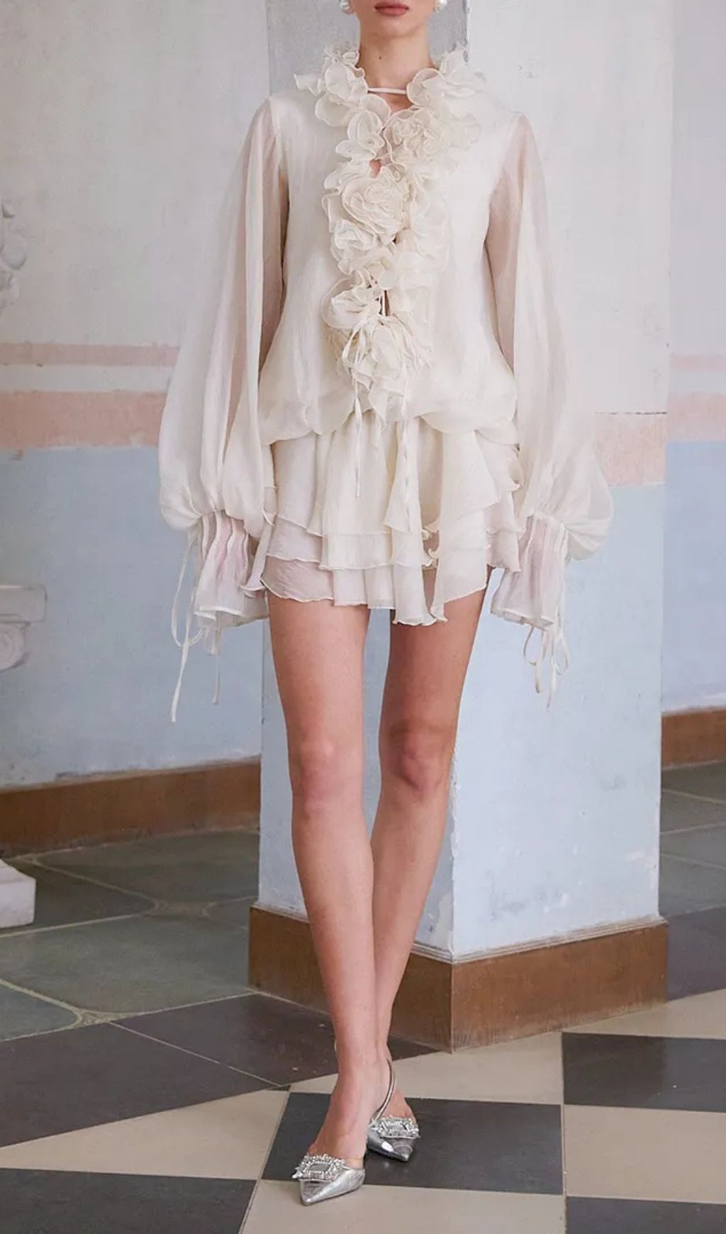Zéphyrine Floral-Appliqué Tiered Mini Dress In Neutrals