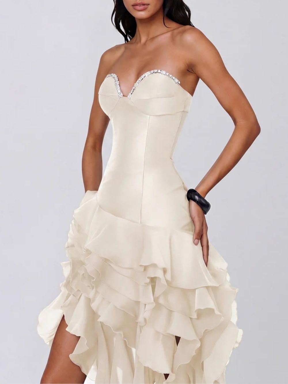 7722ea509e85819a34456b35fcc86d90 Falden Strapless Ruffle Crystal Dress In Beige