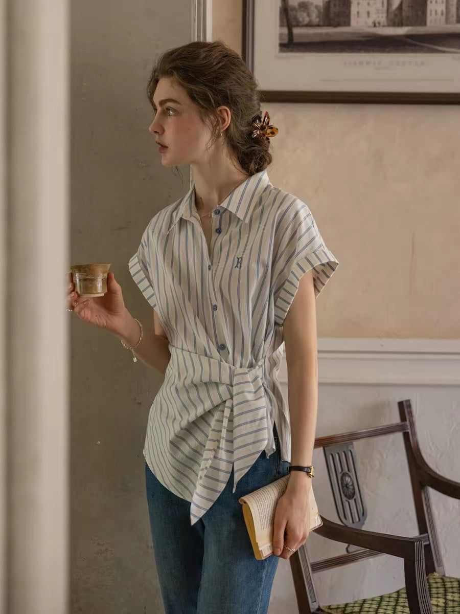 Cotton-Dyed Striped Letters Embroidered Knotted Tie-Up Short-Sleeve Shirt