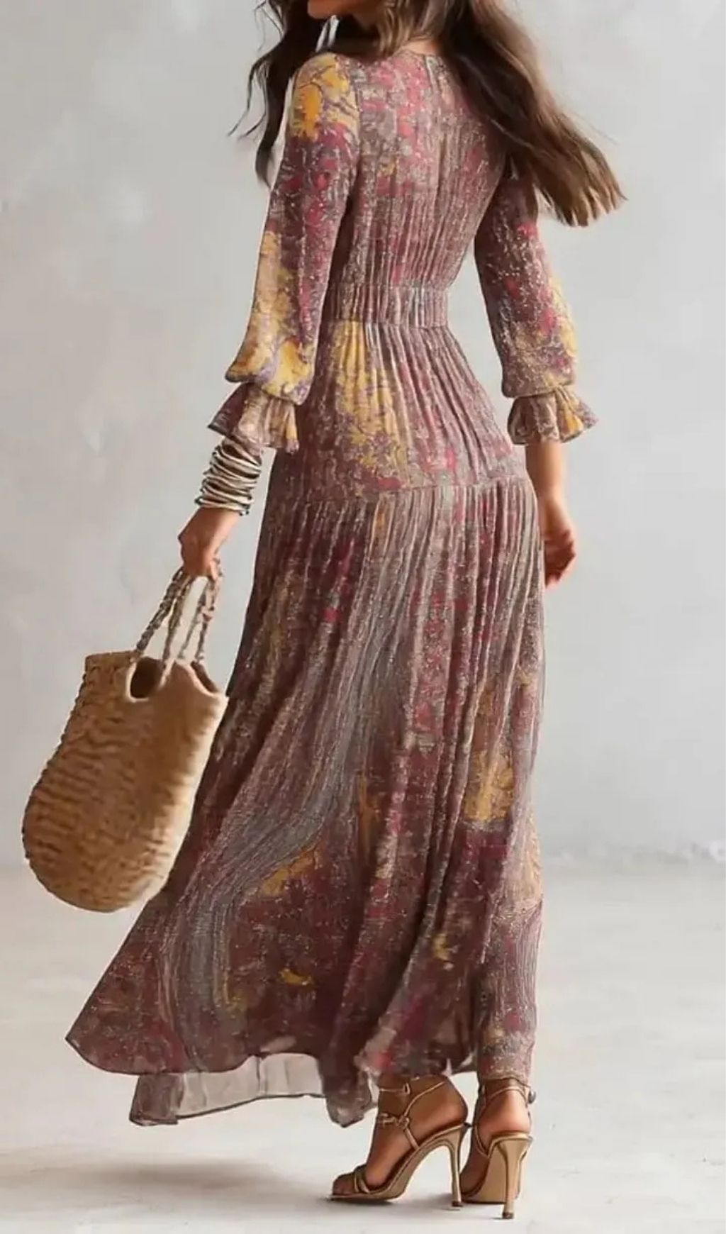 Fashionslee Women Paisley Print V-neck Gathered Chiffon Maxi Dress