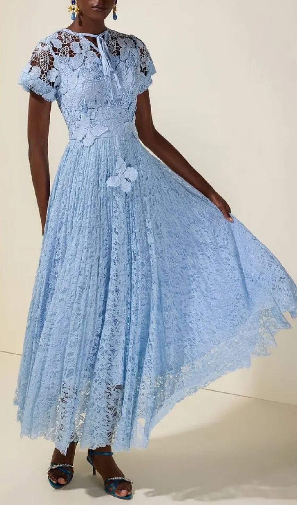 77a619fb8af8f82fb21d05e91ea56c4d Selena Lace Butterfly Pleated Midi Dress - Blue