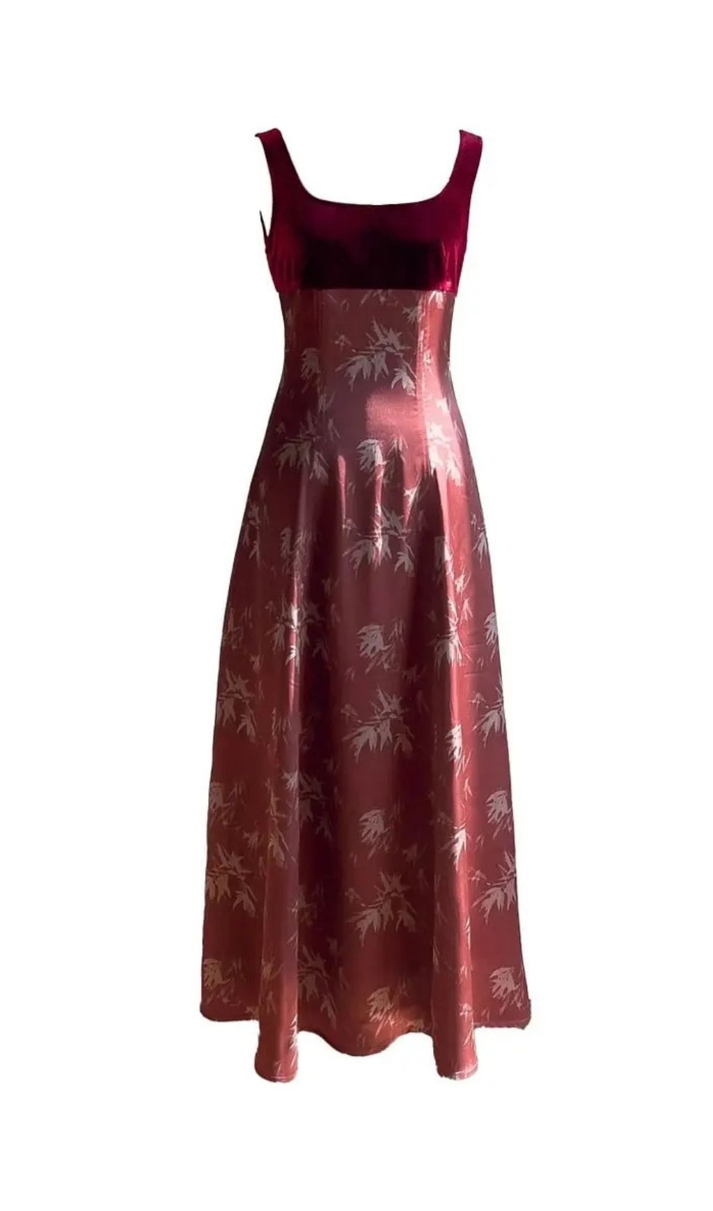 Lucy Retro Square Neck Print Suspender Midi Dress – Burgundy - OWNCI