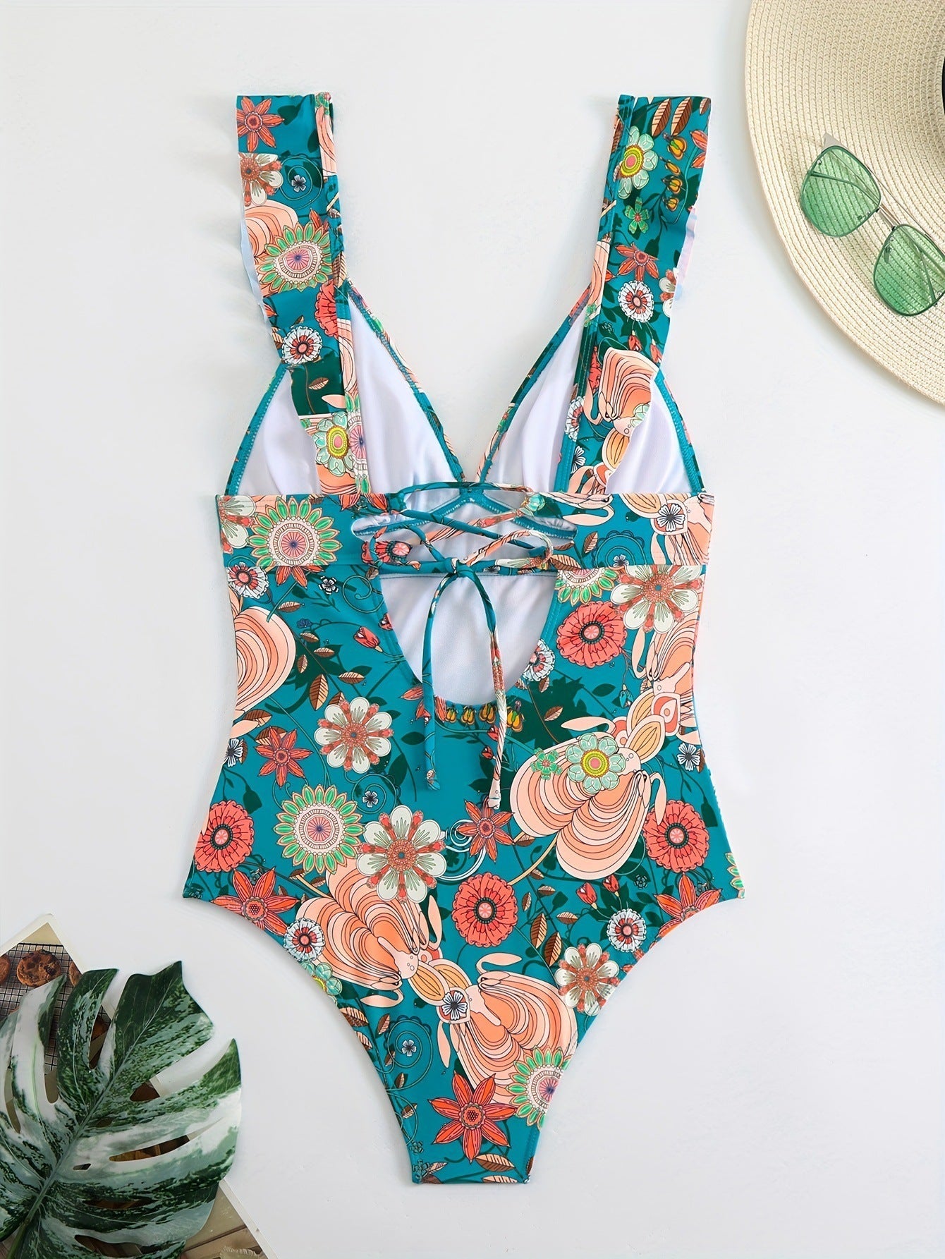 V-Neck Floral Print Ruffle Bikini - OWNCI V-Neck Floral Print Ruffle Bikini - OWNCI
