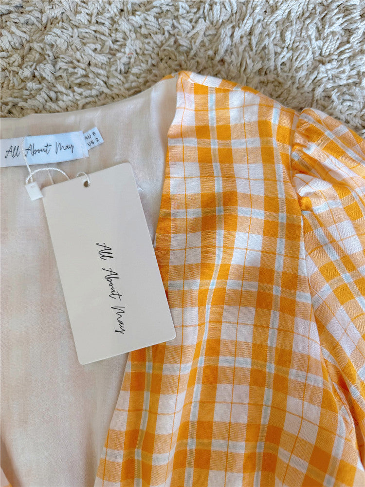 Orange Plaid V-Neck Long-Sleeve Cotton Dress