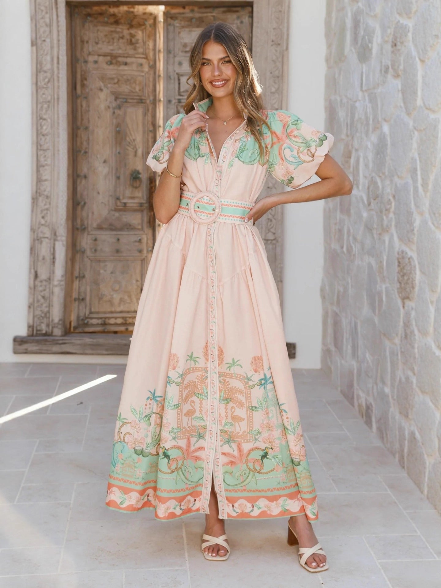 Pink Linen Loose Casual Belt Waist Midi Dress