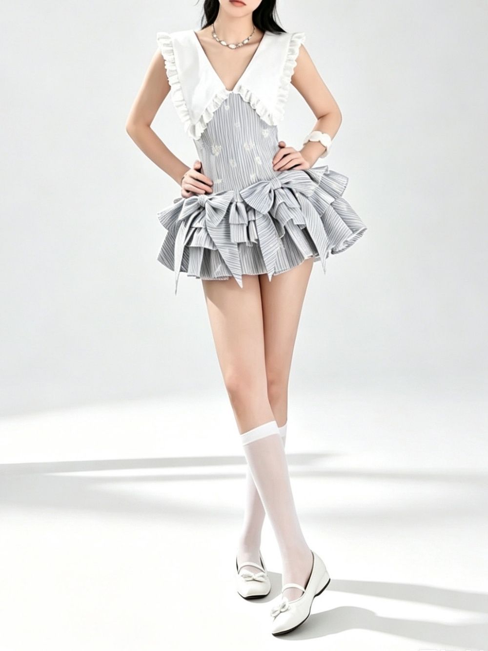 Mahira Bow Mini Dress With Collar - OWNCI