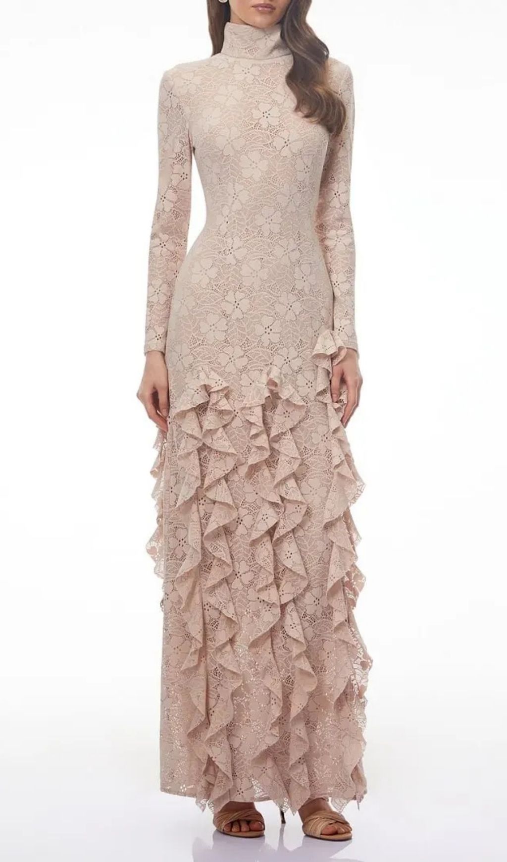 Michelle Nude Floral Lace Ruffled Maxi Dress