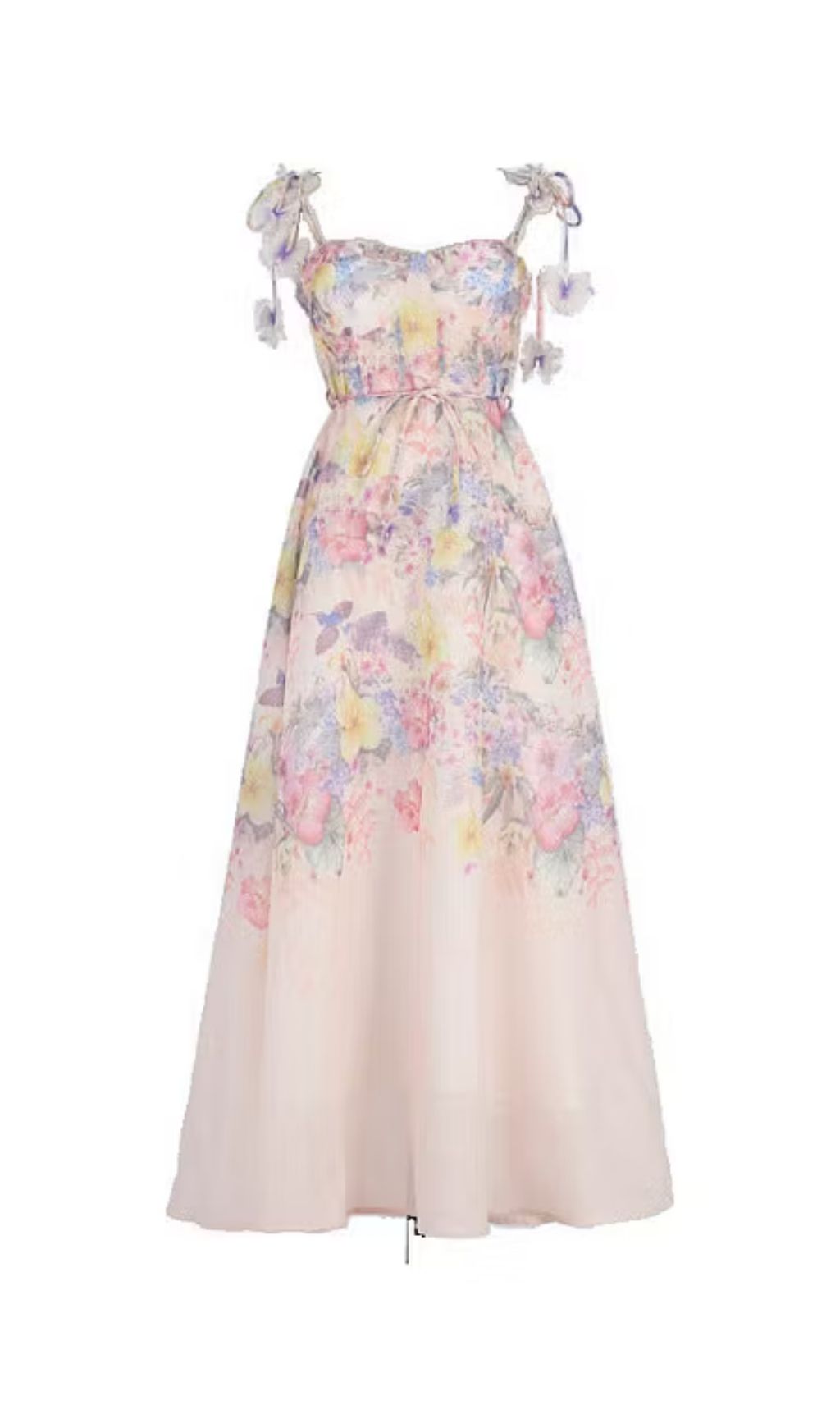 78aae93ef32430e6cdcdd28f127df8ae Pastel Floral Print Spaghetti Strap Midi Dress With 3D Flower Appliqués