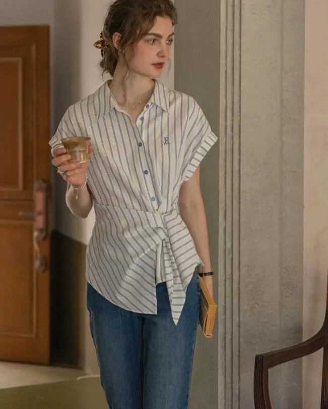 Cotton-Dyed Striped Letters Embroidered Knotted Tie-Up Short-Sleeve Shirt