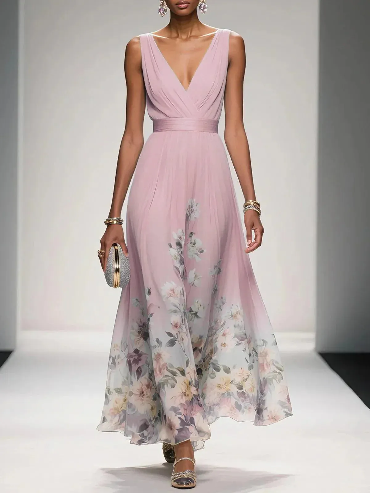 Light Blue Floral Chiffon V Neck Sleeveless A-Line Maxi Dress - OWNCI