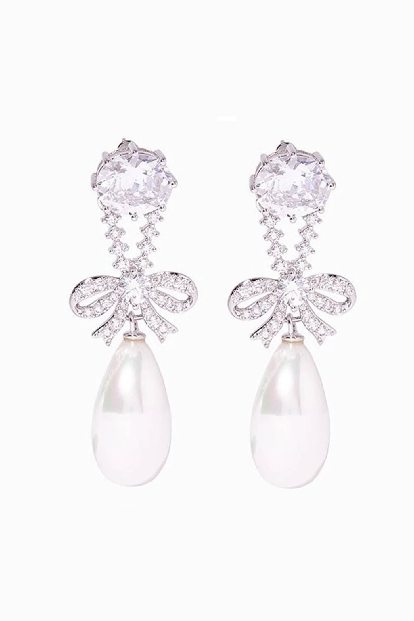 Cubic Zirconia Bow Teardrop Pearl Long Drop Silver Earrings