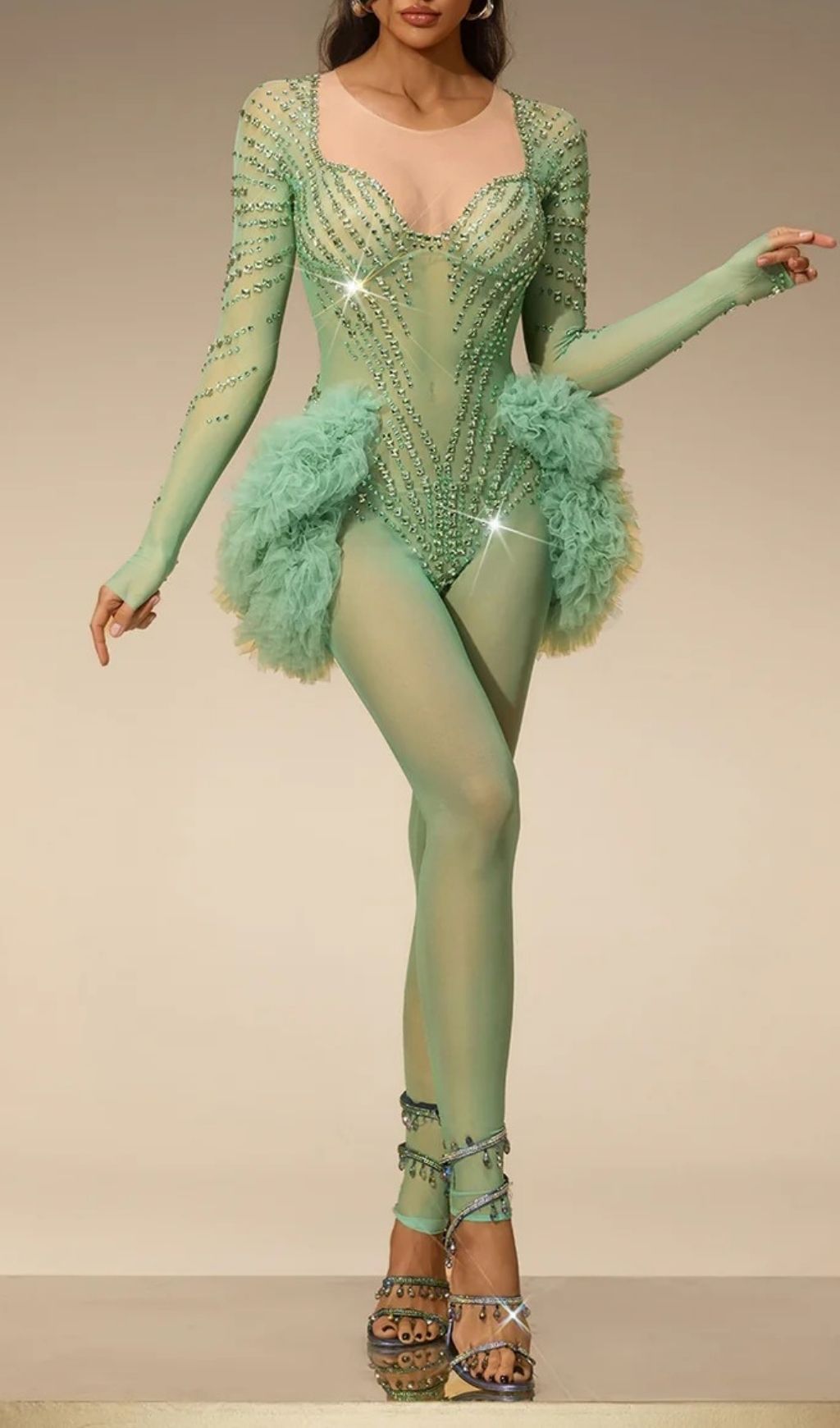 Fashionslee Women Zireth Long Sleeve Crystal Mesh Jumpsuit