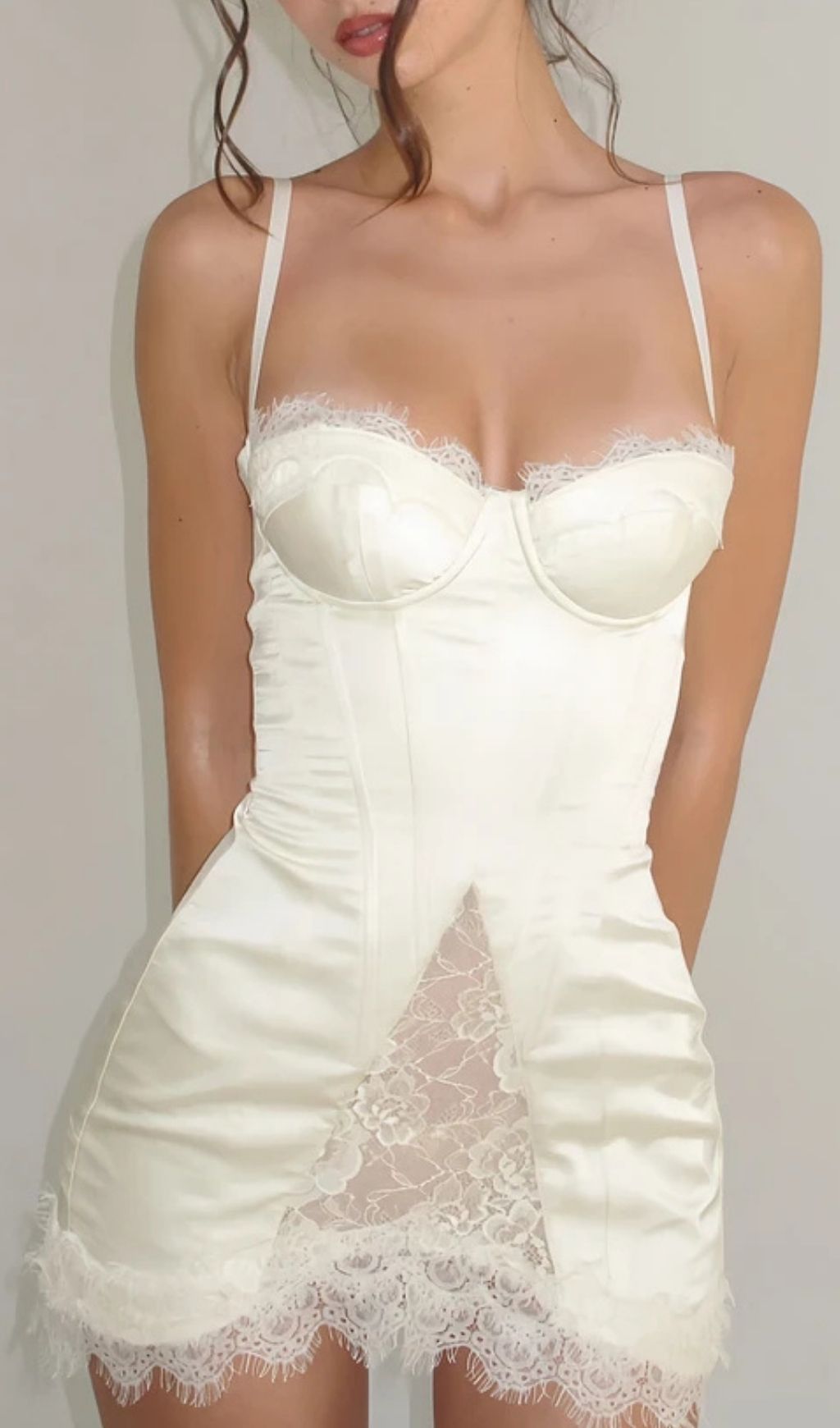Lorraine White Satin Mini Dress With Lace Panels