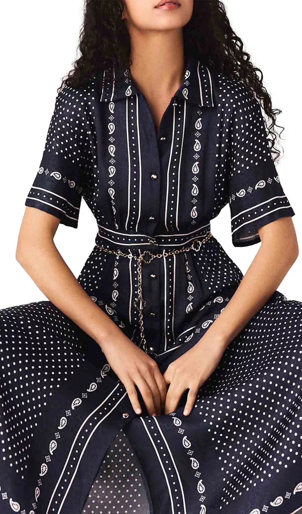 Fashionslee Women Bandana Print Chain Belt Shirtdress