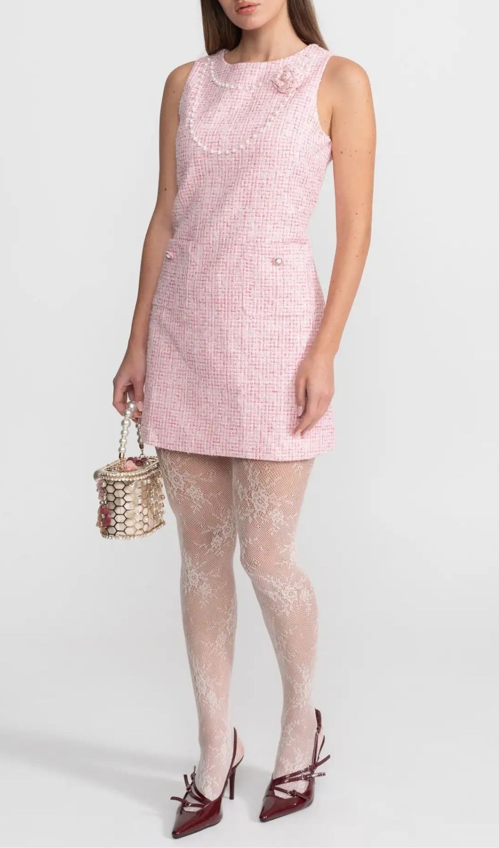 79e3a3d45c3d4d2dc89e3510d0a89391 Laurel Pink Flower Sleeveless Tweed Mini Dress With Pearl Trim