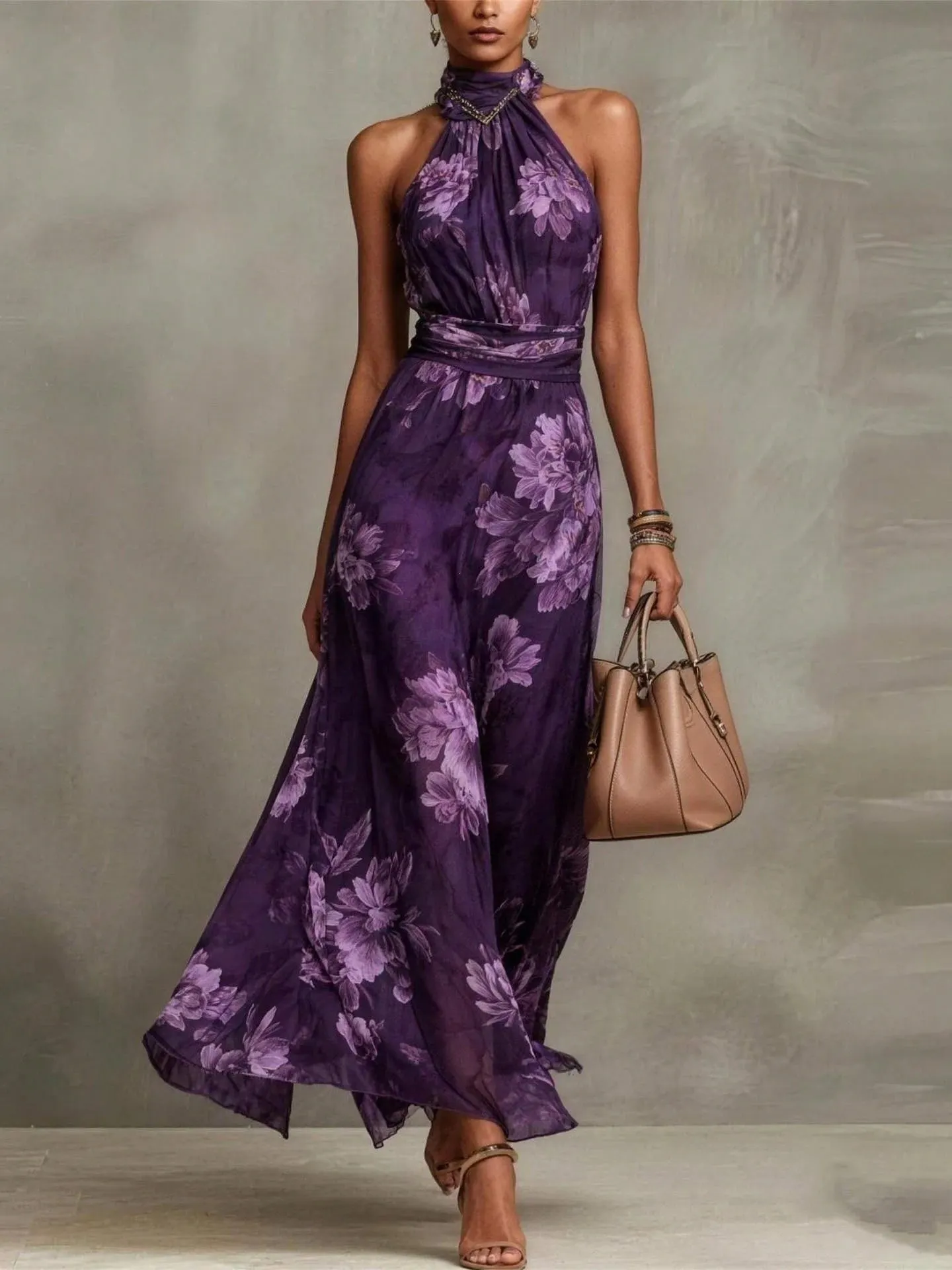 Polly Green Floral Chiffon Halter Maxi Dress - OWNCI