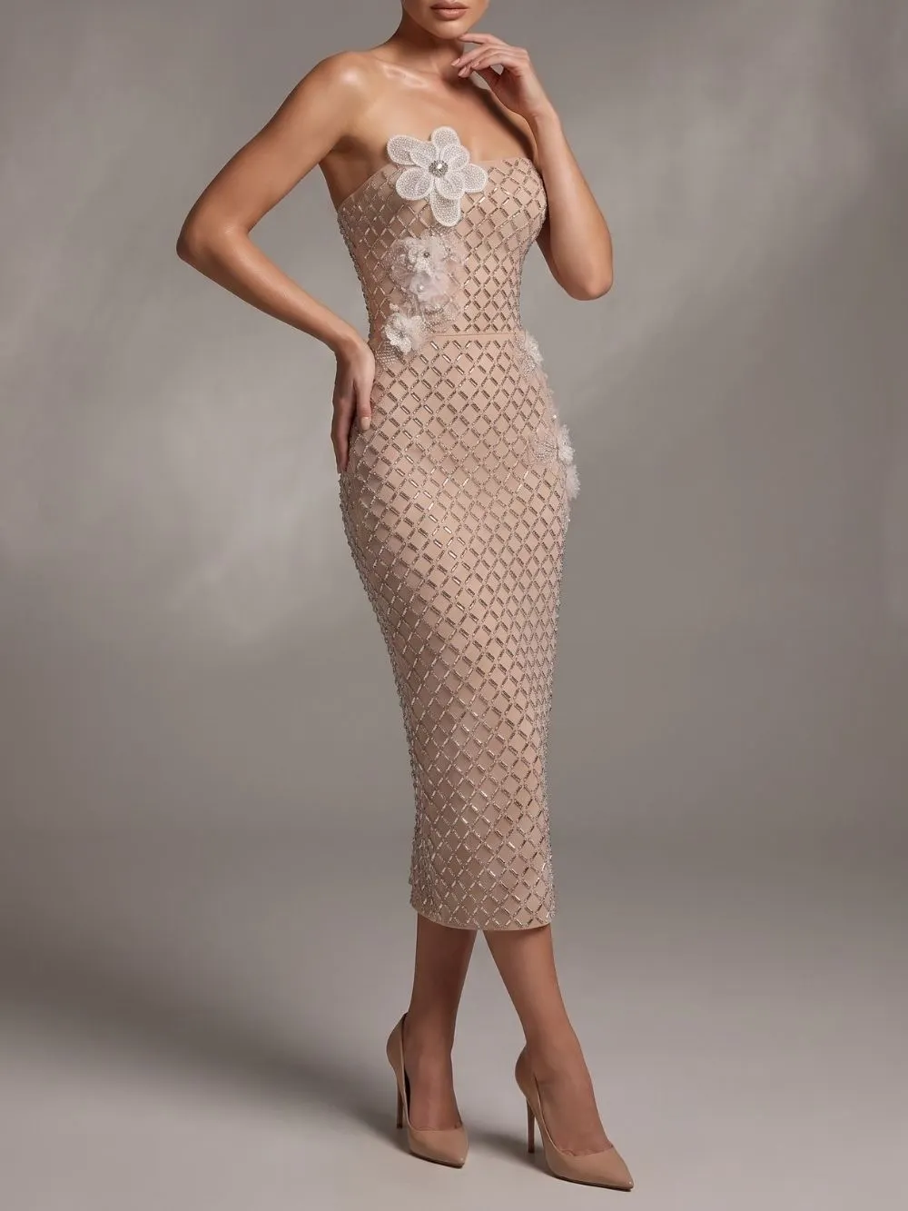 Malie Strapless Crystal Flower Embellished Midi Dress - OWNCI Malie Strapless Crystal Flower Embellished Midi Dress - OWNCI