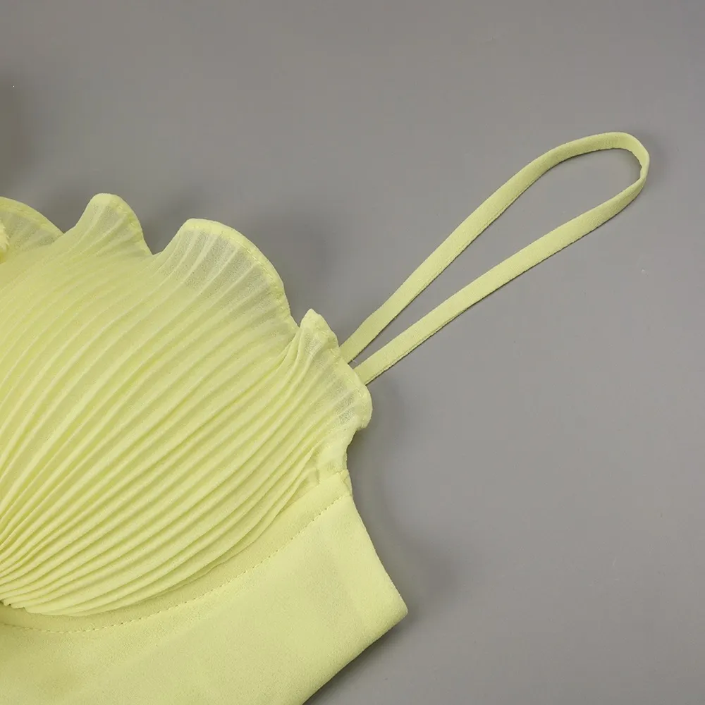 Mallie Yellow Spaghetti Pleated Ruffle Maxi Dress