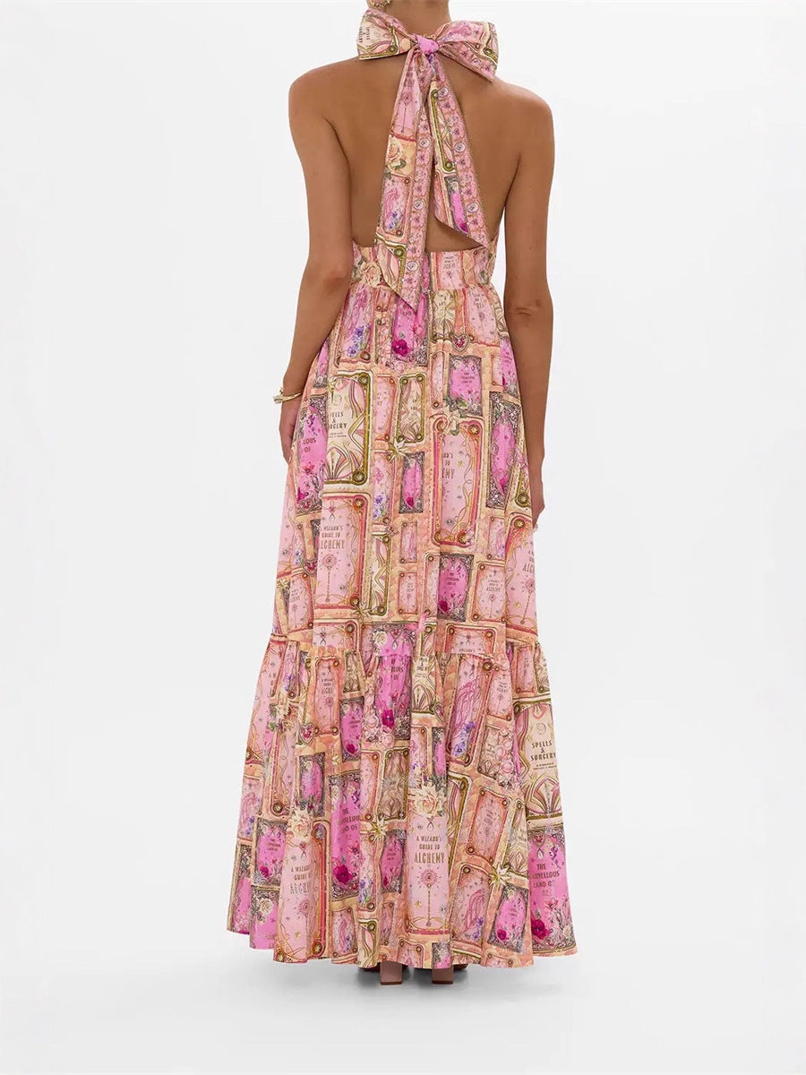 V-Neck Halter Neck Printed Maxi Dress - Pink
