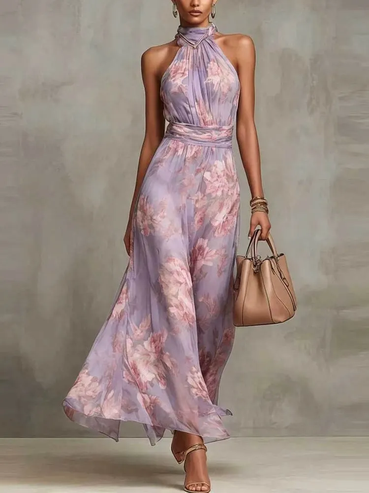 7a4d76079e593998c18ca46e9402c5bf Polly Green Floral Chiffon Halter Maxi Dress