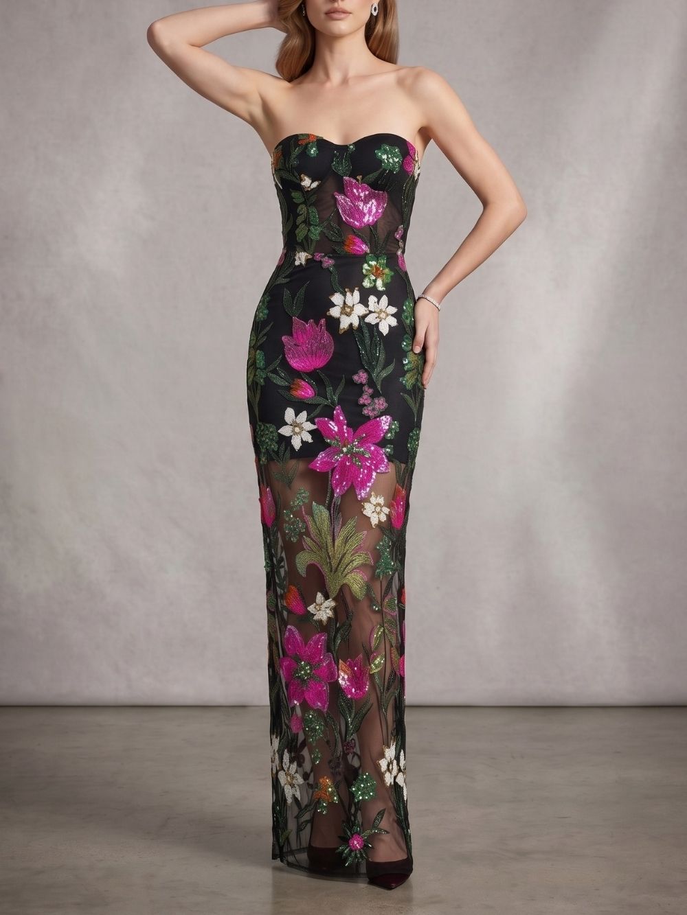 7a72f0b352b396c07ab234df103472e9 Majorca Strapless Flower Sequin Maxi Dress